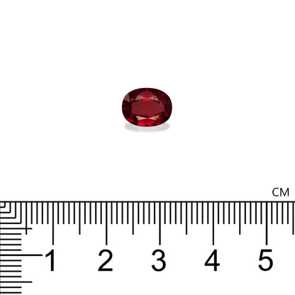 Le Rubis du Mozambique de Bonnot Paris, pesant 2,59 carats, est une pierre précieuse ovale rouge présentée sur un fond blanc à côté d'une règle centimétrique noire et blanche, indiquant sa longueur d'environ 1 cm.
