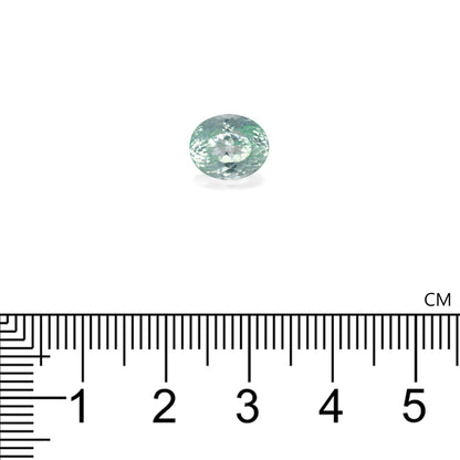 Une tourmaline paraïba ovale de 3,5 carats de Bonnot Paris repose sur une règle graduée, ses facettes verdâtres réfléchissantes affichant une clarté exceptionnelle. D'un diamètre d'environ 1 cm, cette pierre précieuse scintille sur un fond blanc uni.