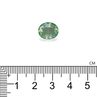 Une petite pierre précieuse verte de forme ovale de Bonnot Paris, la Tourmaline Paraïba · 3,87 ct, est posée sur une surface blanche au-dessus d'une règle centimétrique, présentant des dimensions légèrement inférieures à 1,5 cm de longueur.