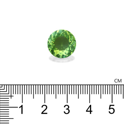 Une tourmaline paraïba ronde de 7,2 carats, créée par Bonnot Paris, repose sur une surface blanche, sous une règle, et mesure environ 1,5 cm de diamètre. Sa taille facettée reflète la lumière dans différentes nuances.
