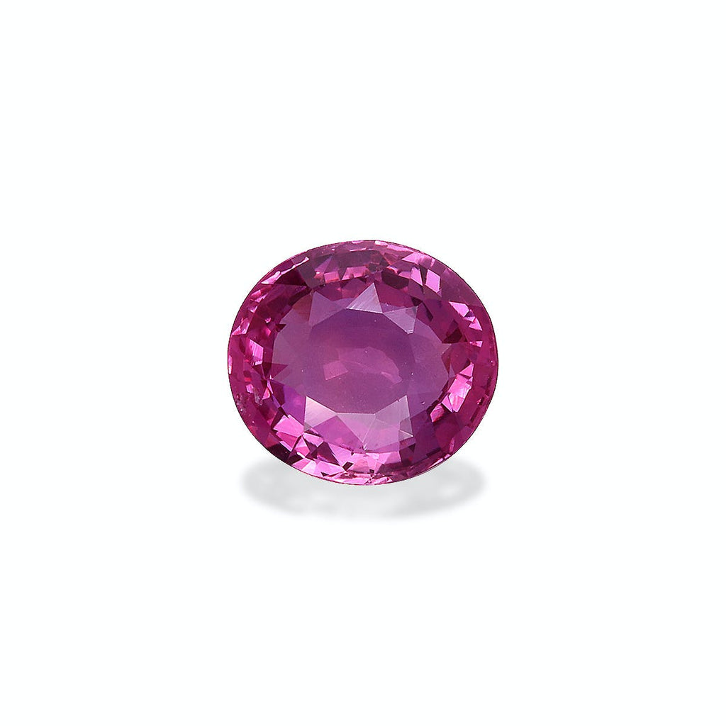 Le Saphir Rose · 2,03 ct de Bonnot Paris est une pierre précieuse rose ronde et facettée avec une teinte vibrante centrée sur un fond blanc, projetant une ombre subtile qui met en valeur ses facettes scintillantes.