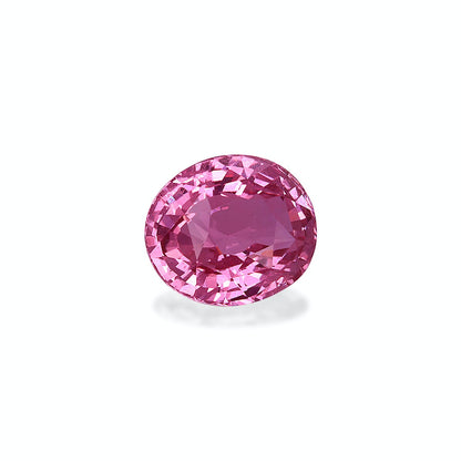 Le Saphir Rose · 3,55ct de Bonnot Paris est une pierre précieuse rose étincelante de taille ovale sur fond blanc, dotée de multiples facettes qui reflètent magnifiquement la lumière pour une apparence vibrante et brillante.