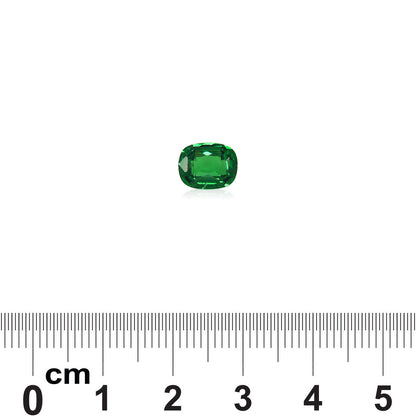 Un Grenat Tsavorite, 1,7 ct de Bonnot Paris, présentant une petite taille coussin rectangulaire en vert, est présenté sur un fond blanc avec une règle en dessous indiquant les mesures en centimètres pour l'échelle.