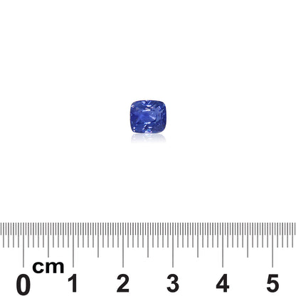 Le Saphir Bleu · 3,03ct de Bonnot Paris est présenté sur un fond blanc avec une échelle métrique en dessous, détaillant ses dimensions.