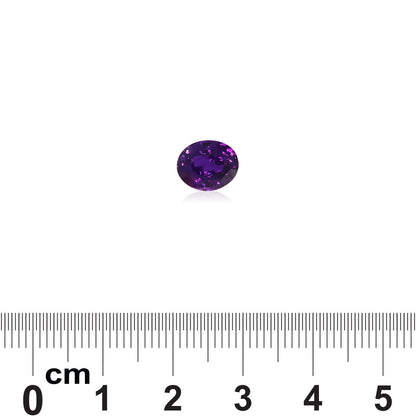 Un Saphir Violet · 2,61ct de Bonnot Paris est présenté sur un fond blanc à côté d'une échelle graduée de 0 à 5 cm, soulignant sa petite forme ovale et sa largeur d'environ 1 cm.