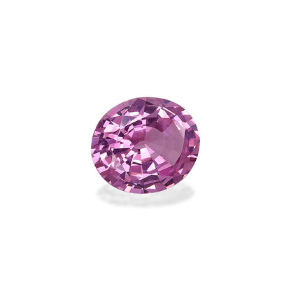 Le spinelle rose Bonnot Paris, 3,93 ct, est une pierre précieuse de taille ronde avec une forme symétrique et de nombreuses facettes qui créent une apparence étincelante sur un fond blanc uni.
