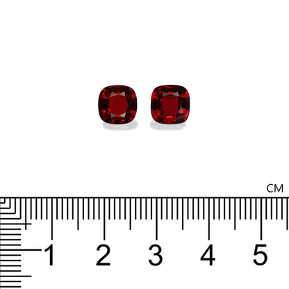 Deux pierres précieuses Spinelle Rouge taille carrée de Bonnot Paris, mesurant chacune environ un centimètre de diamètre, sont placées au-dessus d'une règle centimétrique pour l'échelle sur un fond blanc.