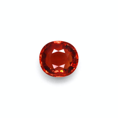 Le Grenat Spessartite · 5,91ct de Bonnot Paris, une pierre précieuse ronde facettée à la teinte orange ardente, est centrée sur un fond blanc uni, affichant sa brillance et sa clarté.