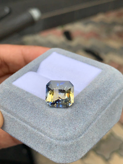 Une main tient une boîte à bague en velours gris ouverte contenant un Saphir Bicolore 10 carats de [NOUVEAU] Bonnot Paris, affichant une pierre précieuse rectangulaire avec un dégradé bleu et jaune fascinant sur des carreaux gris et marron flous.