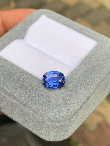 Un gros plan du Saphir Bleu · 3,05ct de [NOUVEAU] Bonnot Paris sur une boîte à bijoux gris clair avec un intérieur blanc met en valeur la couleur vibrante de la pierre précieuse taille coussin sur un fond flou.