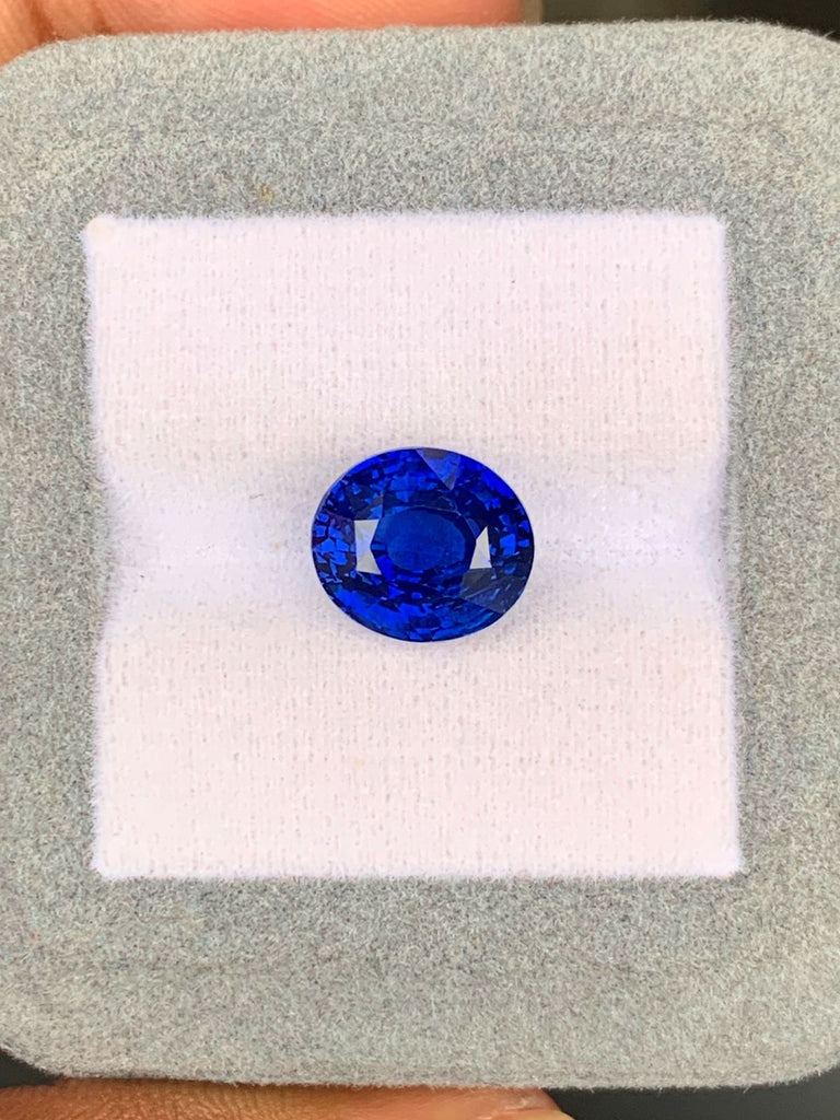 Un Saphir Bleu éclatant de 7,30 carats du Sri Lanka signé Bonnot Paris est présenté sur un coussin gris clair. La pierre taille ronde reflète la lumière, révélant ses teintes bleu profond. Le coussin est tenu entre les doigts pour souligner sa taille impressionnante.