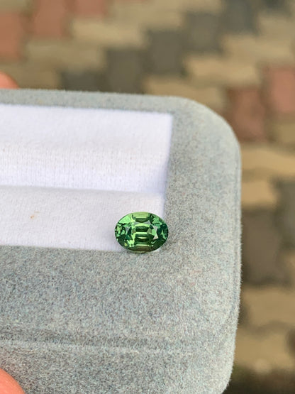 Gros plan sur le Saphir vert de Madagascar de 1,55 ct de Bonnot Paris, posé dans un coffret bleu-gris clair avec un insert en tissu blanc. Un motif flou en arrière-plan rehausse l'attrait de la pierre précieuse.
