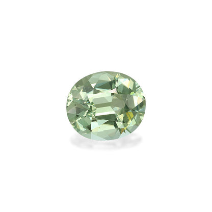 La Tourmaline Verte Bonnot Paris, 7,3 carats, est une pierre précieuse ronde et facettée d'une teinte vert clair. Photographiée sur fond blanc, elle reflète magnifiquement la lumière, mettant en valeur sa taille et sa clarté exceptionnelles.