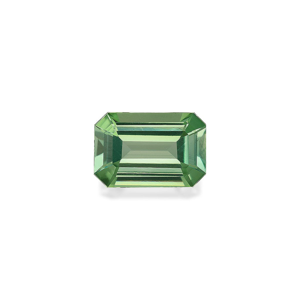 Bonnot Paris présente la Tourmaline Verte, une pierre précieuse verte taille émeraude de 4,82 carats sertie sur un fond blanc, mettant en valeur sa forme rectangulaire et ses facettes réfléchissantes.