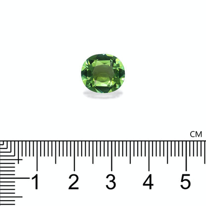 La Tourmaline Verte Bonnot Paris, 4,1 ct, une petite pierre précieuse verte de taille ovale, est présentée sur un fond blanc avec une règle en centimètres pour l'échelle.