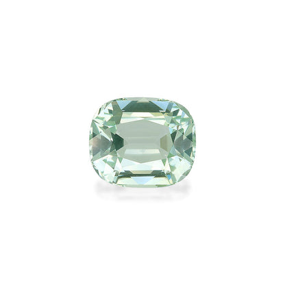 La Tourmaline Verte de Bonnot Paris, une pierre précieuse de 7,4 carats, affiche sa clarté et ses facettes complexes avec une taille coussin ovale sur un fond blanc vert pâle.