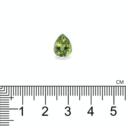 La Tourmaline Verte de 2,54 ct de Bonnot Paris, une pierre précieuse verte en forme de poire, est placée au-dessus d'une règle graduée en centimètres. Elle apparaît brillante et bien taillée, centrée sur l'image.