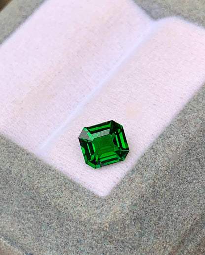 Présentée sur une surface coussinée rose clair dans une boîte grise, la Tsavorite de 1,12 carat de [NOUVEAU] Bonnot Paris capture la lumière avec ses facettes vibrantes, mettant en valeur sa riche teinte et sa clarté.