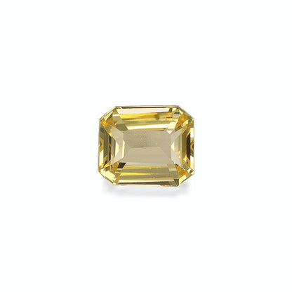 Le Saphir Jaune 2,05ct de Bonnot Paris est une pierre précieuse jaune rectangulaire taille émeraude, transparente avec des facettes reflétant la lumière pour un effet scintillant, sertie sur un fond blanc uni.