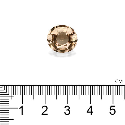 Une pierre de Tourmaline Jaune ronde et facettée de Bonnot Paris est positionnée au-dessus d'une règle centimétrique pour l'échelle, mettant en valeur son diamètre d'environ 1 cm et son poids de 5,98 carats.