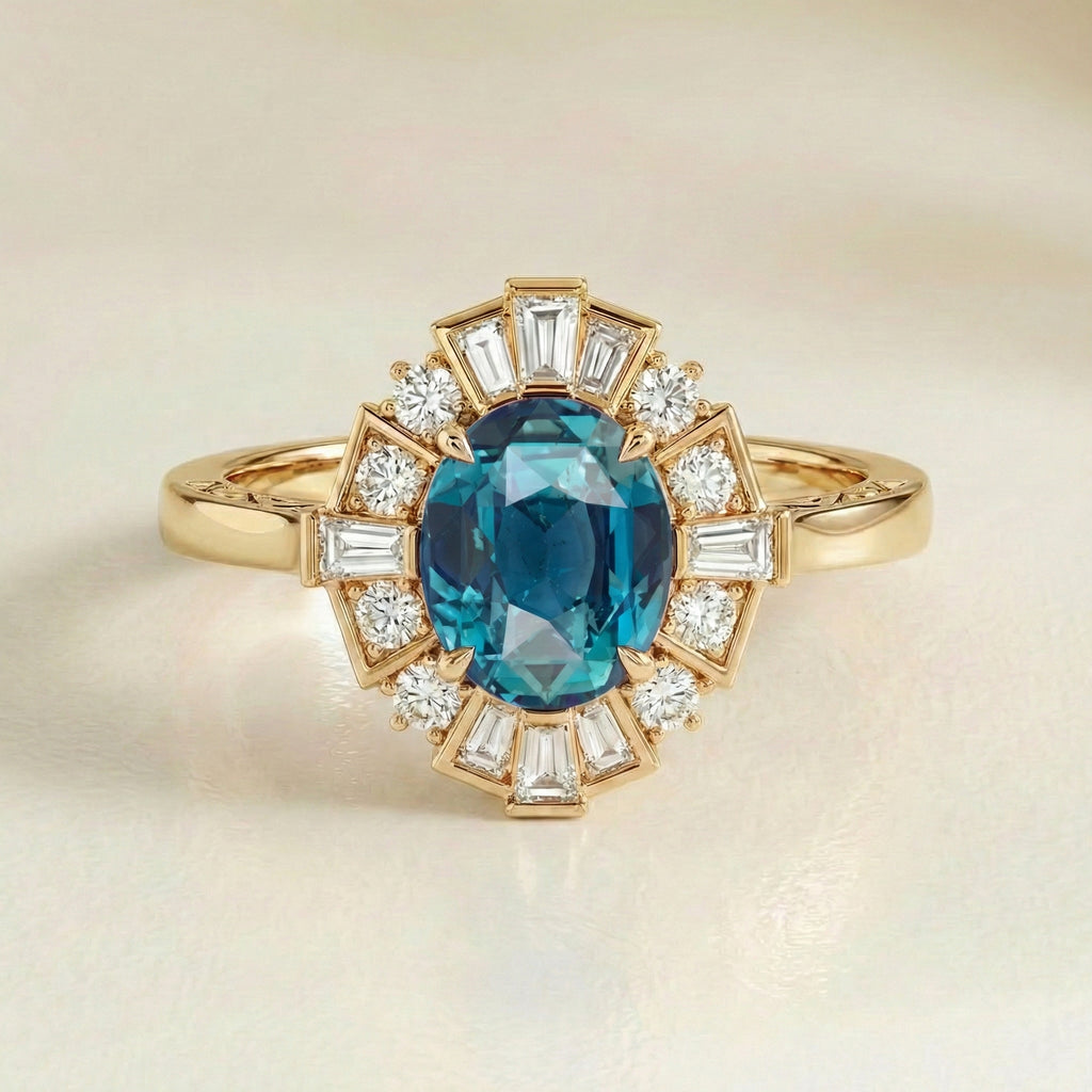 bague de fiançailles saphir teal art deco