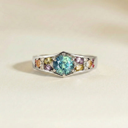bague moder avec saphir teal rond et saphirs multicolores or blanc
