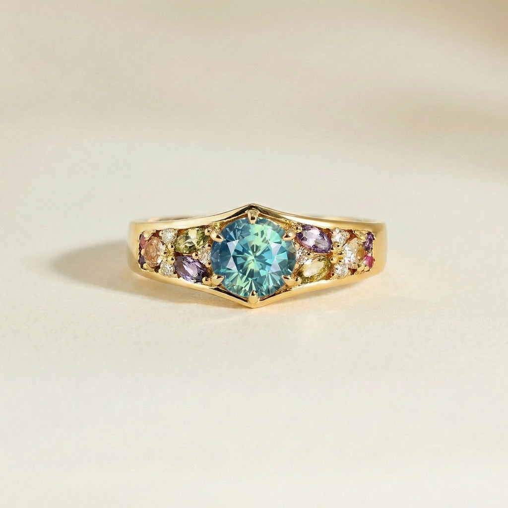 bague moder avec saphir teal rond et saphirs multicolores or jaune
