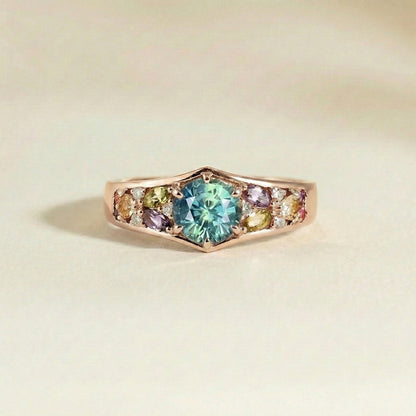 bague moder avec saphir teal rond et saphirs multicolores or rose