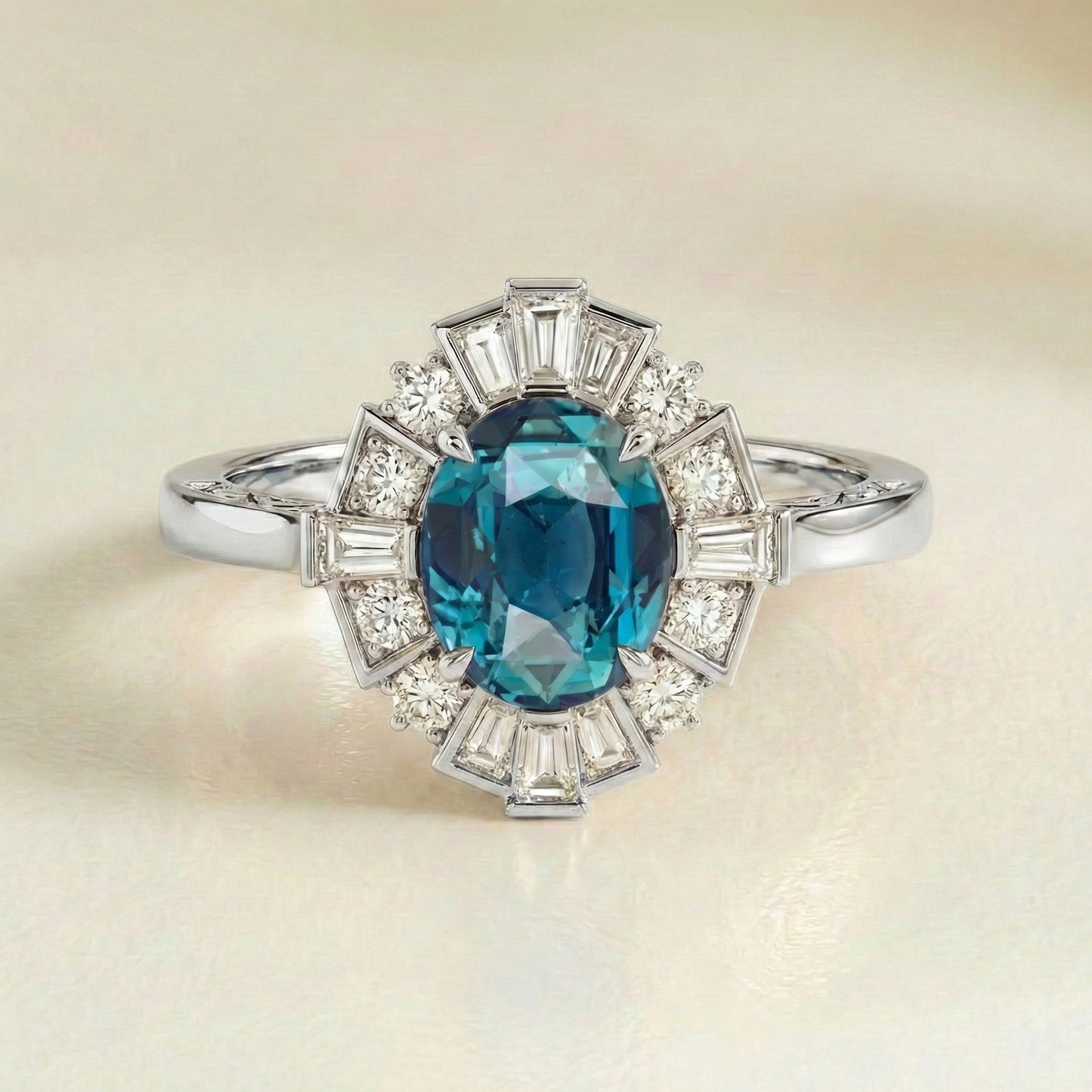 Ring Sapphire Teal Art deco - detail view | Jewellery Bonnot Paris — Bonnot Paris