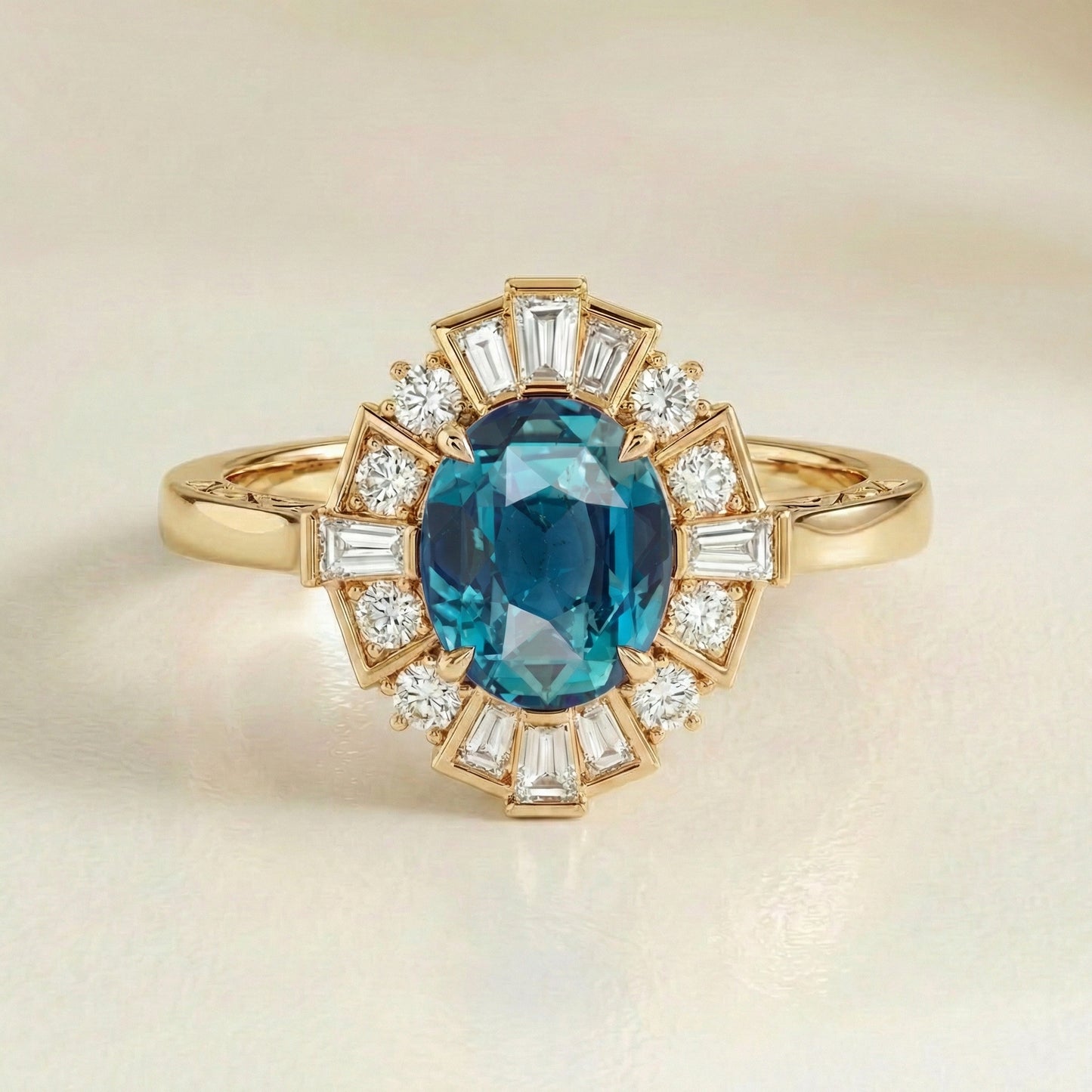 Ring Sapphire Teal Art deco - main view | Jewellery Bonnot Paris — Bonnot Paris