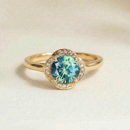 Ring Sapphire Teal Neutral - main view | Jewellery Bonnot Paris